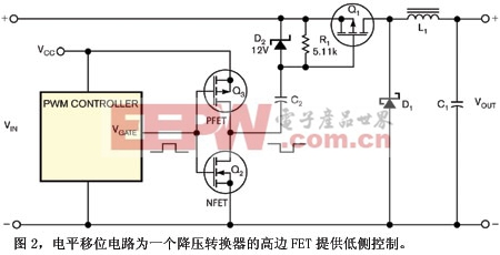 圖2電平移位電路為一個降壓轉(zhuǎn)換器的高邊FET提供低側(cè)控制