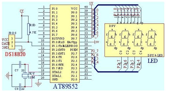 AT89S52与DS18B20组成的测温系统原理图