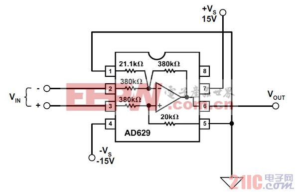 图6:高压仪表放大器IC AD629提供± 500 V输入过压保护；仅采用单个器件，极其简单，并且实现了防故障关断操作