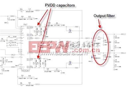 TAS5261 參考設計的 PVDD 電容及輸出 LC 濾波器等組件