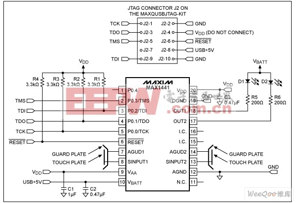 连接MAX1441应用电路与MAXQUSBJTAG-KIT板的JTAG接口
