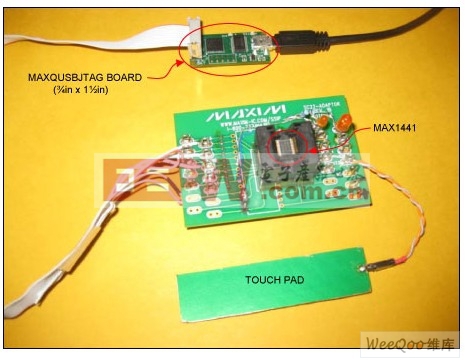 MAX1441应用电路板和MAXQUSBJTAG-KIT连接配置
