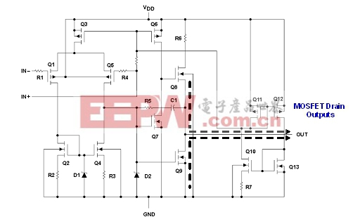 圖39：典型的CMOS RRO運(yùn)算放大器拓?fù)浣Y(jié)構(gòu)。