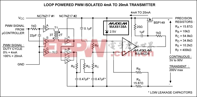 Figure 1. This loop-powered 4C20mA transmitter features PWM drive and galvanic isolation from the input signal.