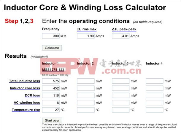 Figure 10. Inductor temperature rise. The calculator is available from Coilcraft®.
