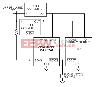 图9. MAX6741监测两路电压，任何一路电压跌落到门限以下时将产生复位信号。