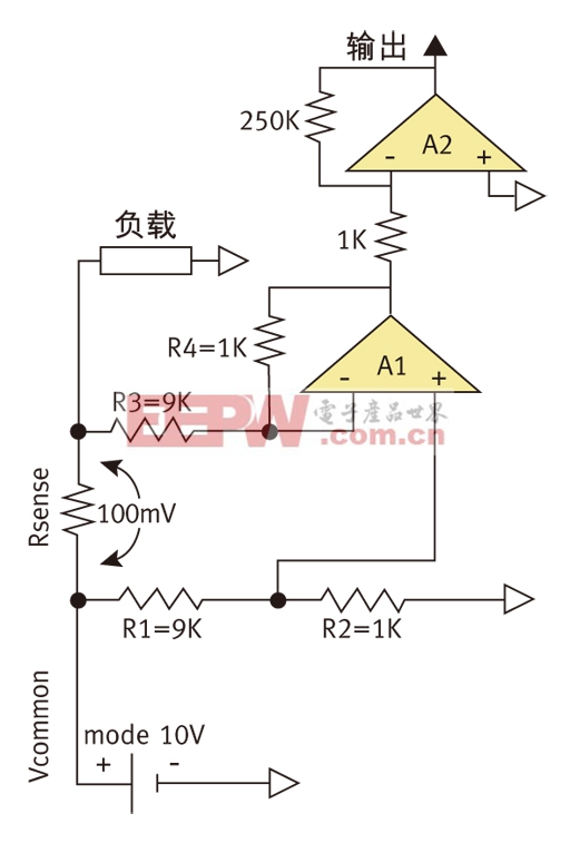 圖3：實現(xiàn)傳統(tǒng)高邊電流檢測的電路。