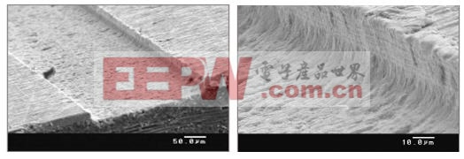 电子显微照片显示了在不同放大倍数下的铣制轨迹，分别以50 micron和10 micron标注了比例
