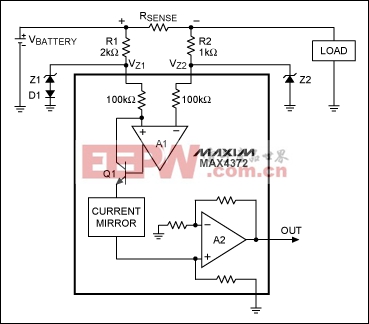 图1. 该检流放大器带有保护电路(上部电路元件)，适合于共模电压高于30V的应用。