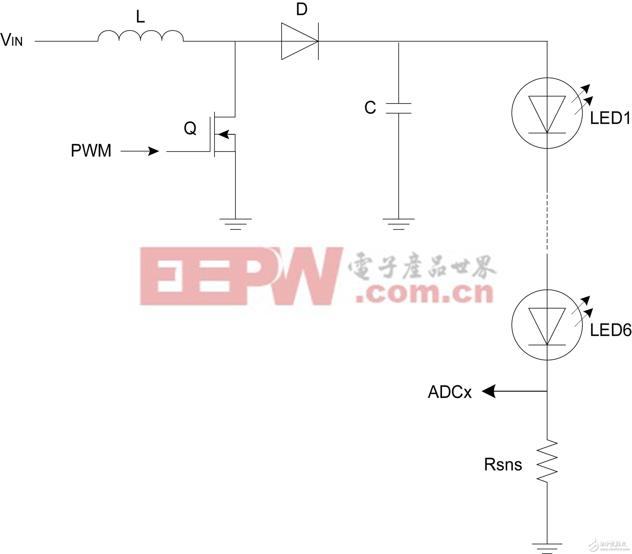 图6：配置为驱动LED或LED串的升压拓扑