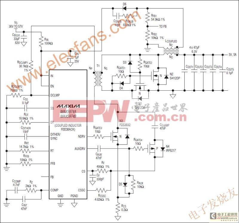 MAX5974宽输入电压范围、有源钳位、电流模式PWM控