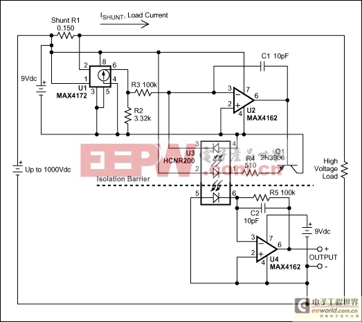 利用光電耦合器將高端電流檢測器的工作電壓擴