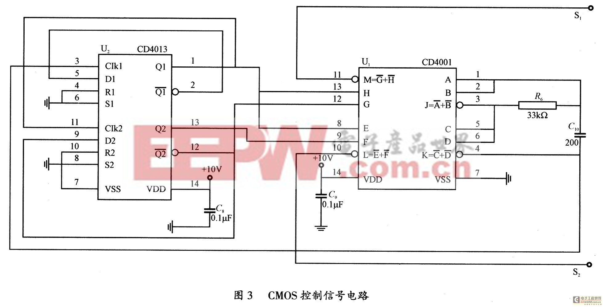 通过电阻r6和电容c10组成的rc网络的反复充放电,使或非门cd4001输出