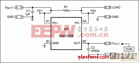 图4. MAX9938EV标准分流器为50mΩ、4端电阻(R1)。利用6个100mΩ电阻并联R1，得到12.5mΩ检流电阻。