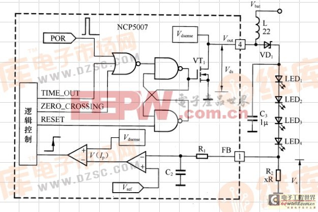 基于NCP5007的升压型LED驱动电路工作原理图