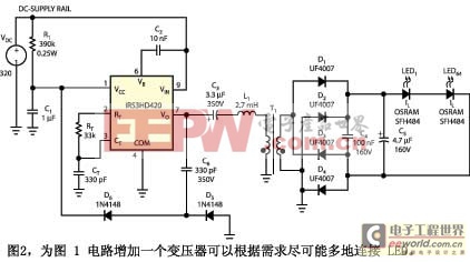 图2为图1电路增加一个变压器可以根据需求尽可能多地连接LED