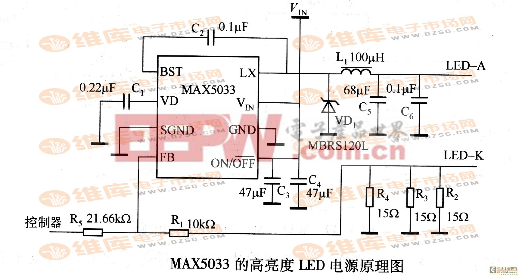 MAX5033的高亮度LED电源原理图