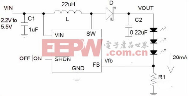 图1:串联电感升压型LED驱动器典型应用图
