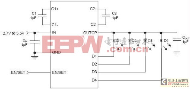 圖2.分?jǐn)?shù)電荷泵WLED驅(qū)動(dòng)器典型應(yīng)用圖