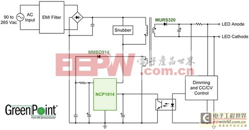 采用基于NCP1014的LED模塊重新設(shè)計(jì)的臺(tái)燈的電路圖