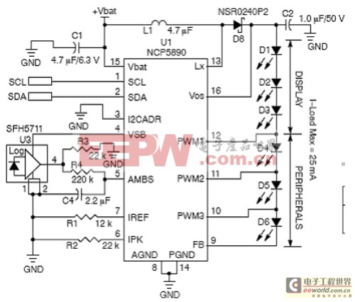 采用NCP5890的多個白光LED應用電路圖