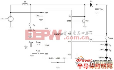 使用LM3421的升壓穩(wěn)壓器驅(qū)動(dòng)10個(gè)LED