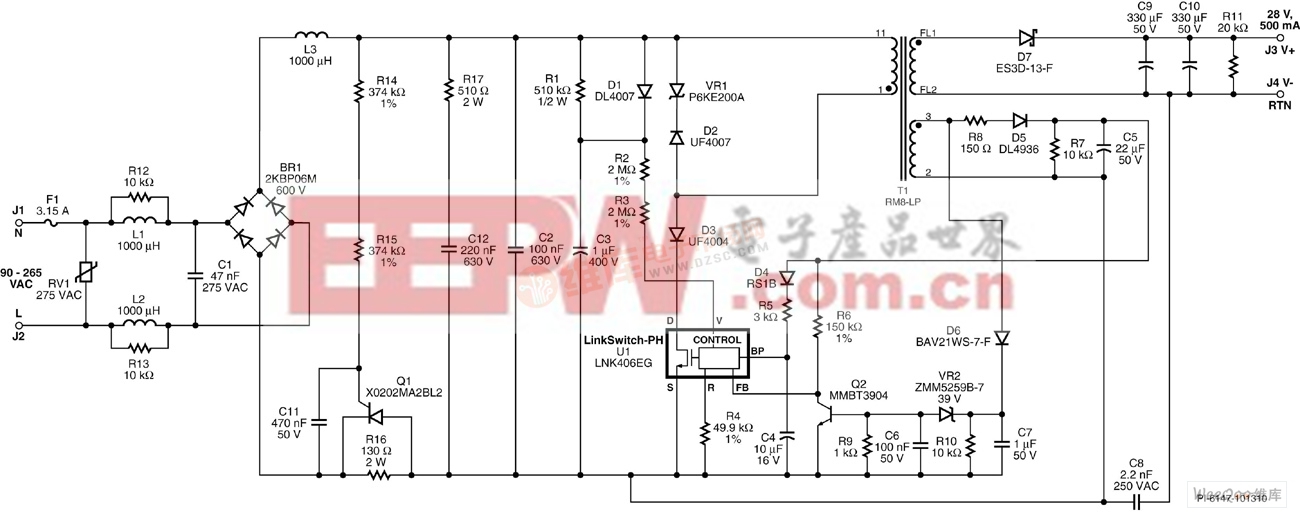 14W可控硅調(diào)光的高功率因數(shù)LED驅(qū)動器的電路圖