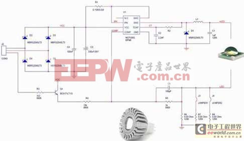 安森美半導(dǎo)體NCP3065在led恒流降壓控制應(yīng)用中的示意圖