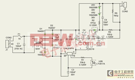 圖2：驅(qū)動led陣列的70V、9W恒流降壓式轉(zhuǎn)換器電路圖。