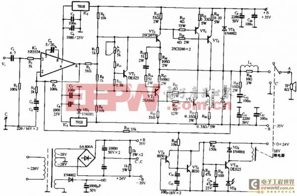 圖解大功率甲乙類輸出工作方式的功放電源電路