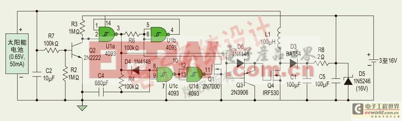 只要太陽(yáng)能電池的電流比流過(guò)C2、R7和Q3的泄漏電流大，這個(gè)電路就為電源電池提供涓流充電。