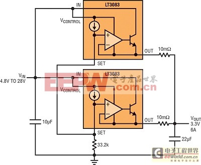 圖3：將多個穩(wěn)壓器并聯(lián)以實現(xiàn)更大的電流并分散熱量