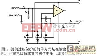 图1提供过压保护的简单方式是在输出节点中加入串联电阻并在电源轨或其它阈值电压上加箝位二极管