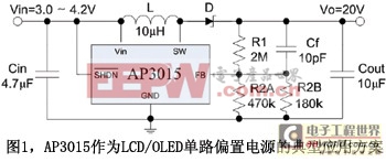 图1AP3015作为LCD/OLED单路偏置电源的典型应用方案