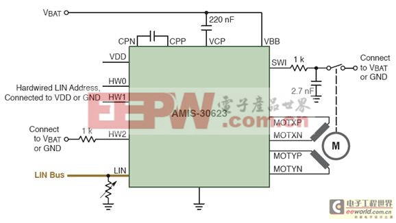 圖2：AMIS-30623前照燈水平調(diào)整和偏轉(zhuǎn)電路