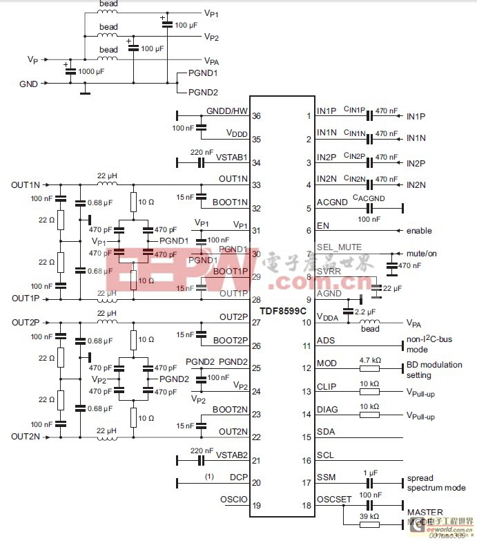 圖3.TDF8599C應用案例電路圖：非I2C總線模式雙BTL連接