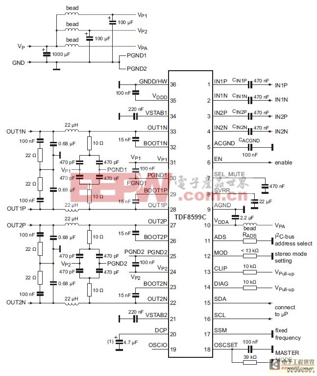 图4.TDF8599C应用案例电路图：I2C总线模式双BTL连接