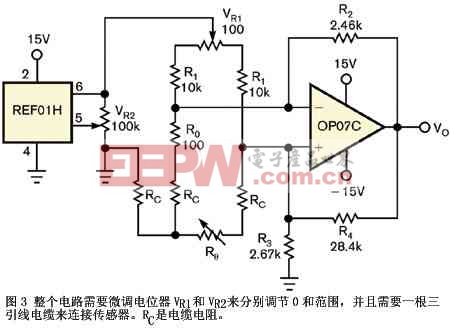 圖3整個電路需要微調(diào)電位器VR1和VR2來分別調(diào)節(jié)0和范圍并且需要一根三引線電纜來連接傳感器RC是電纜電阻