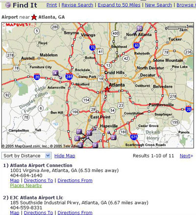 在我们单击“Search for Locations”（搜索地点）时，MapQuest会生成一幅亚特兰大地图，并列出搜索到的“机场”