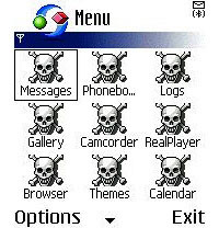 Symbian骷髅病毒感染手机，导致手机出现一堆骷髅图片。