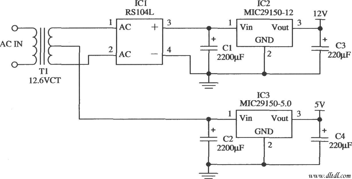 由MIC29152-12和MIC29150-5.0构成的低成本的双路输出的稳压器电