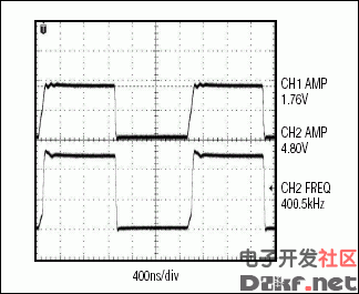图8. MAX3370使用一个4.7kΩ上拉电阻以400kHz速率输出的波形图，容性负载效应被大幅度降低了