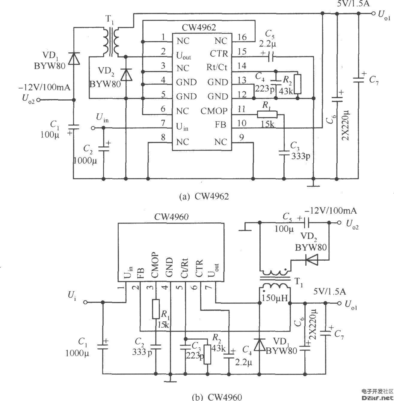CW4960/CW4962构成双电压( 5V/1.5A、-12V/100mA)输出的应用电路