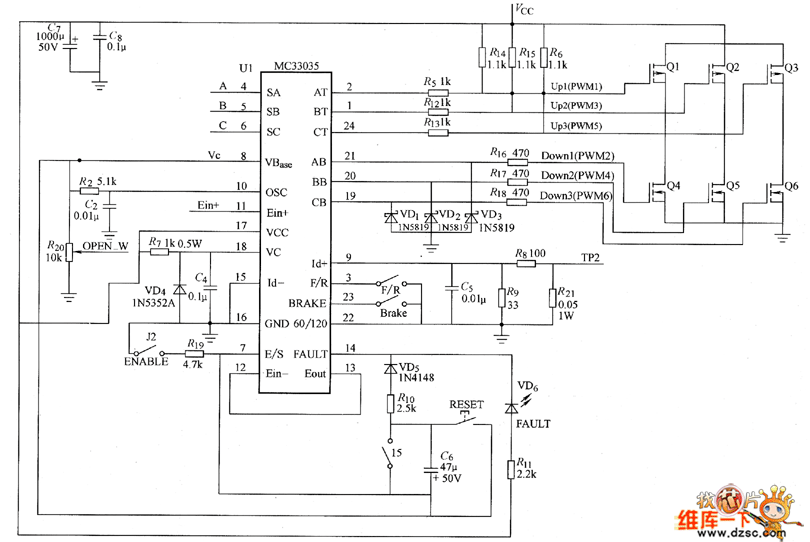 三相永磁无刷直流电机mc33035控制系统电路图三相信号