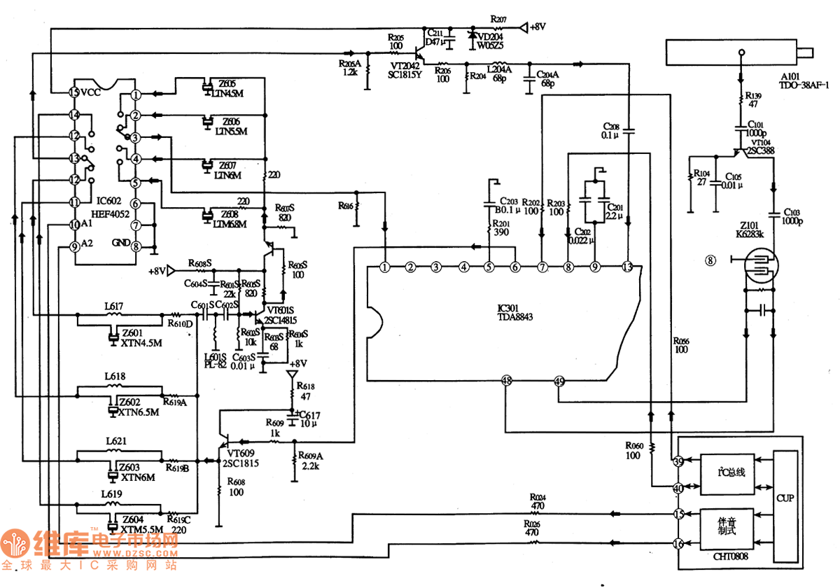 TDA8843集成电路构成的伴音中频制式选择电路
