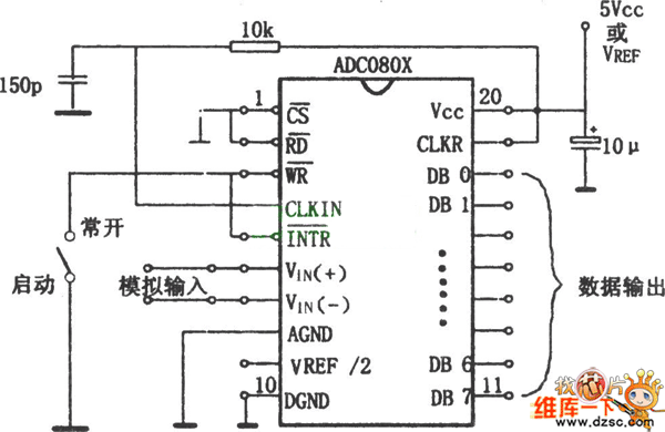 ADC0801～0805自激式A/D转换电路图