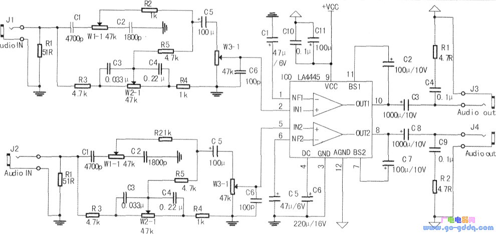 采用LA4445集成电路制作的音频功率放大电路