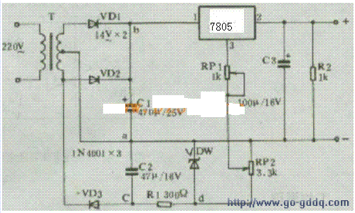 用7805制作的0v到12v可调稳压电源电路