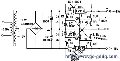 0伏起调的正负输出稳压电源-其他光电实用电路图-电子
