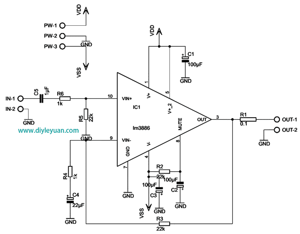 用LM3886制作70W低功耗功放电路原理图